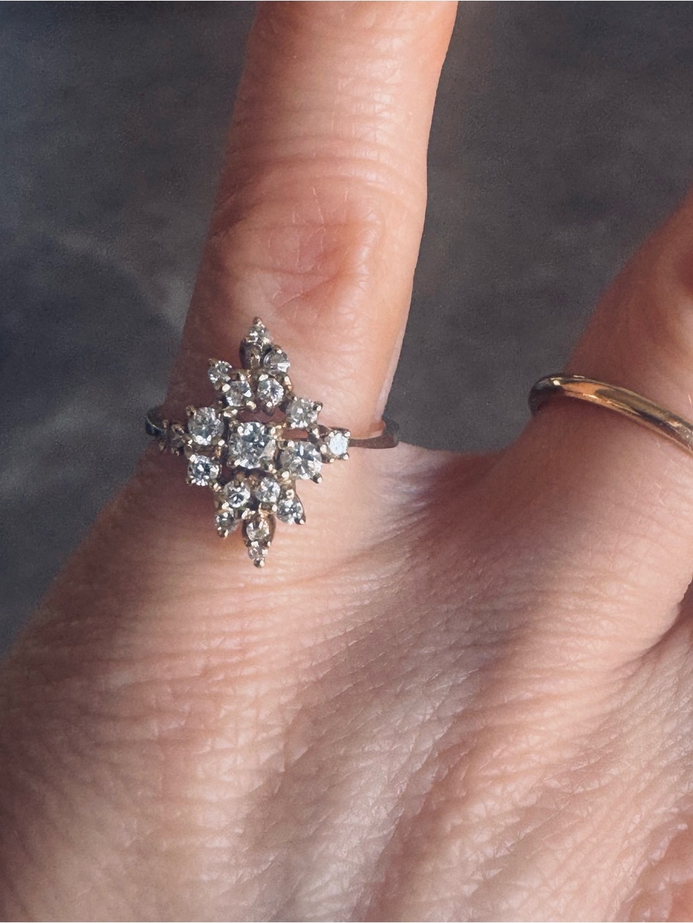 14K Yellow Gold, 17 Round Natural Diamonds in Marquise Cluster Ring size 6
